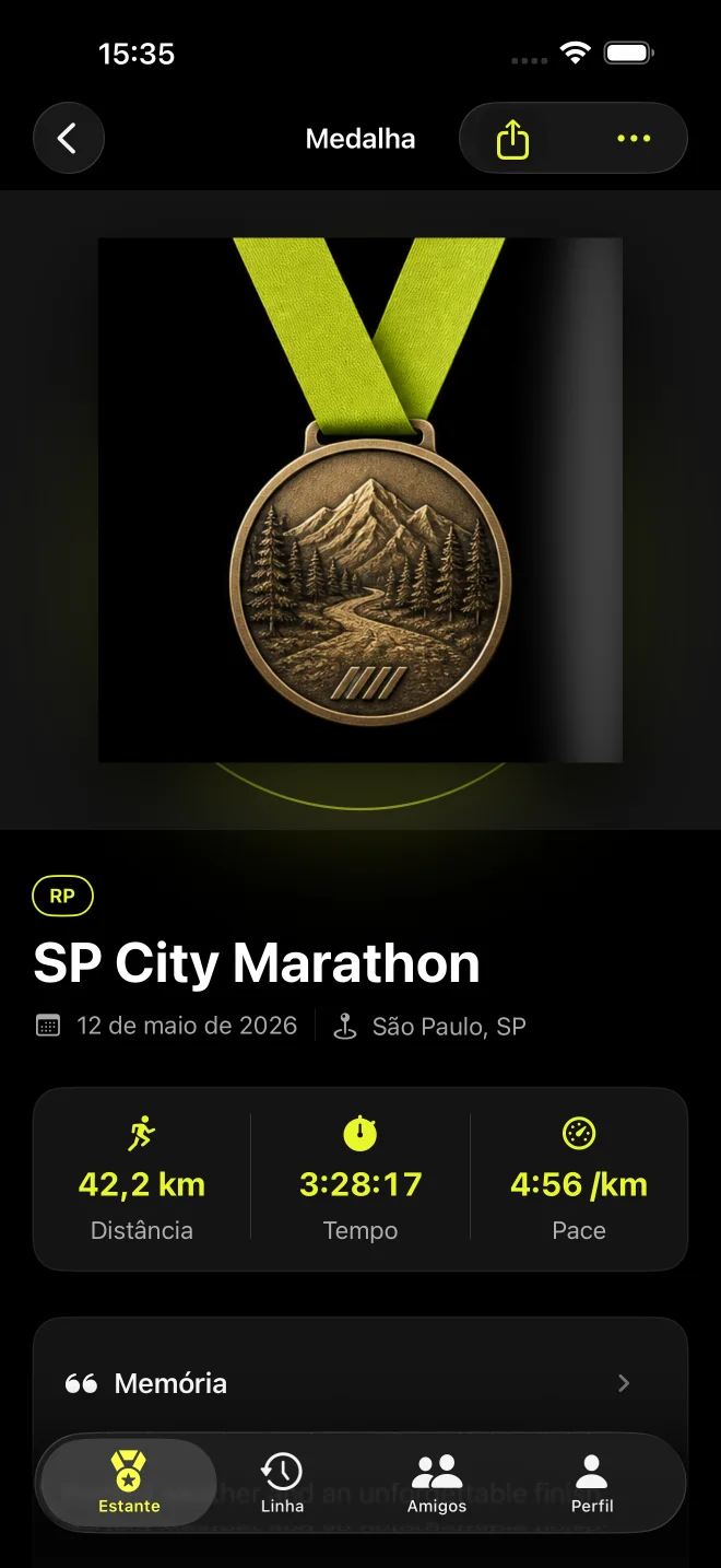 Detalhes de uma medalha no Pacefolio com métricas e anotações